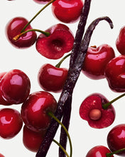 Load image into Gallery viewer, Fresh red cherries with green stems and dark vanilla bean pods on a clean white background.
