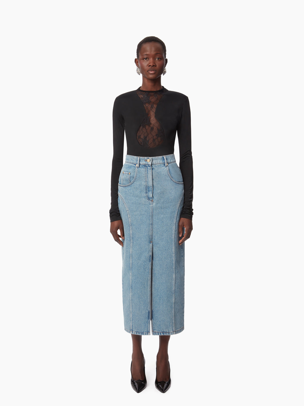 LONG DENIM SKIRT WITH FRONT SLIT IN BLUE - Nina Ricci