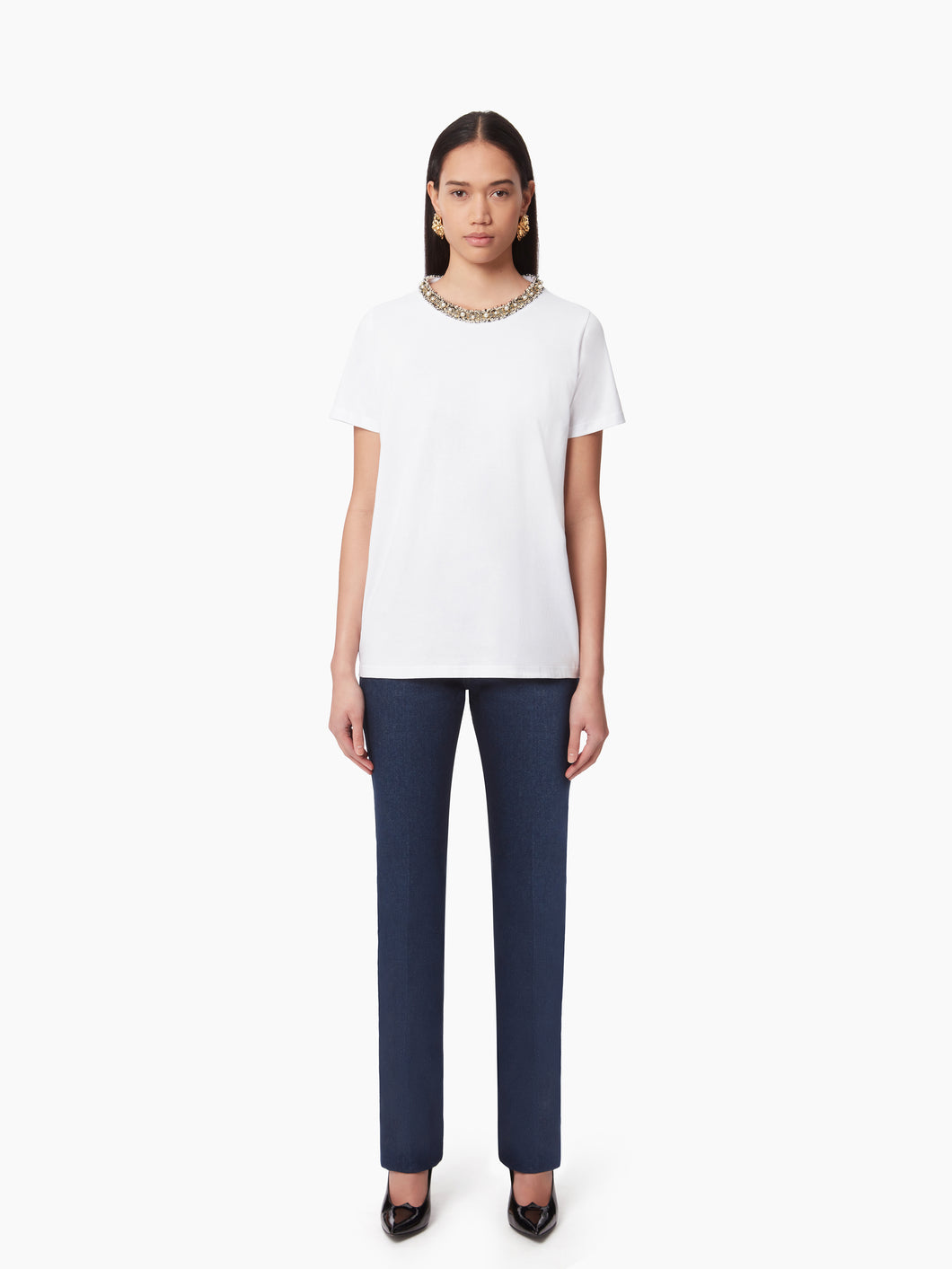 BEADED NECKLINE T-SHIRT IN WHITE - Nina Ricci