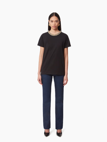 BEADED NECKLINE T-SHIRT IN BLACK - Nina Ricci