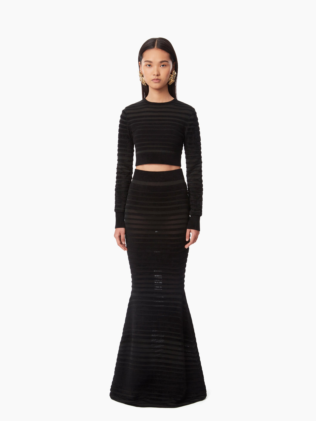 CROPPED TOP WITH TONAL STRIPE IN BLACK - Nina Ricci