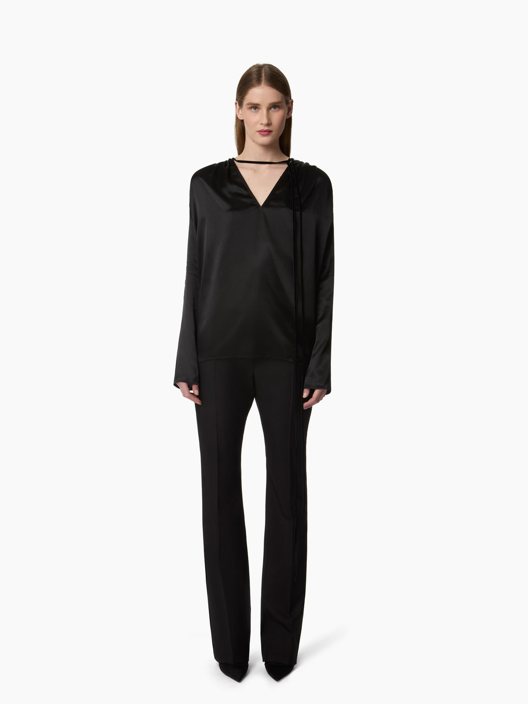 Black Long-Sleeved Satin Blouse