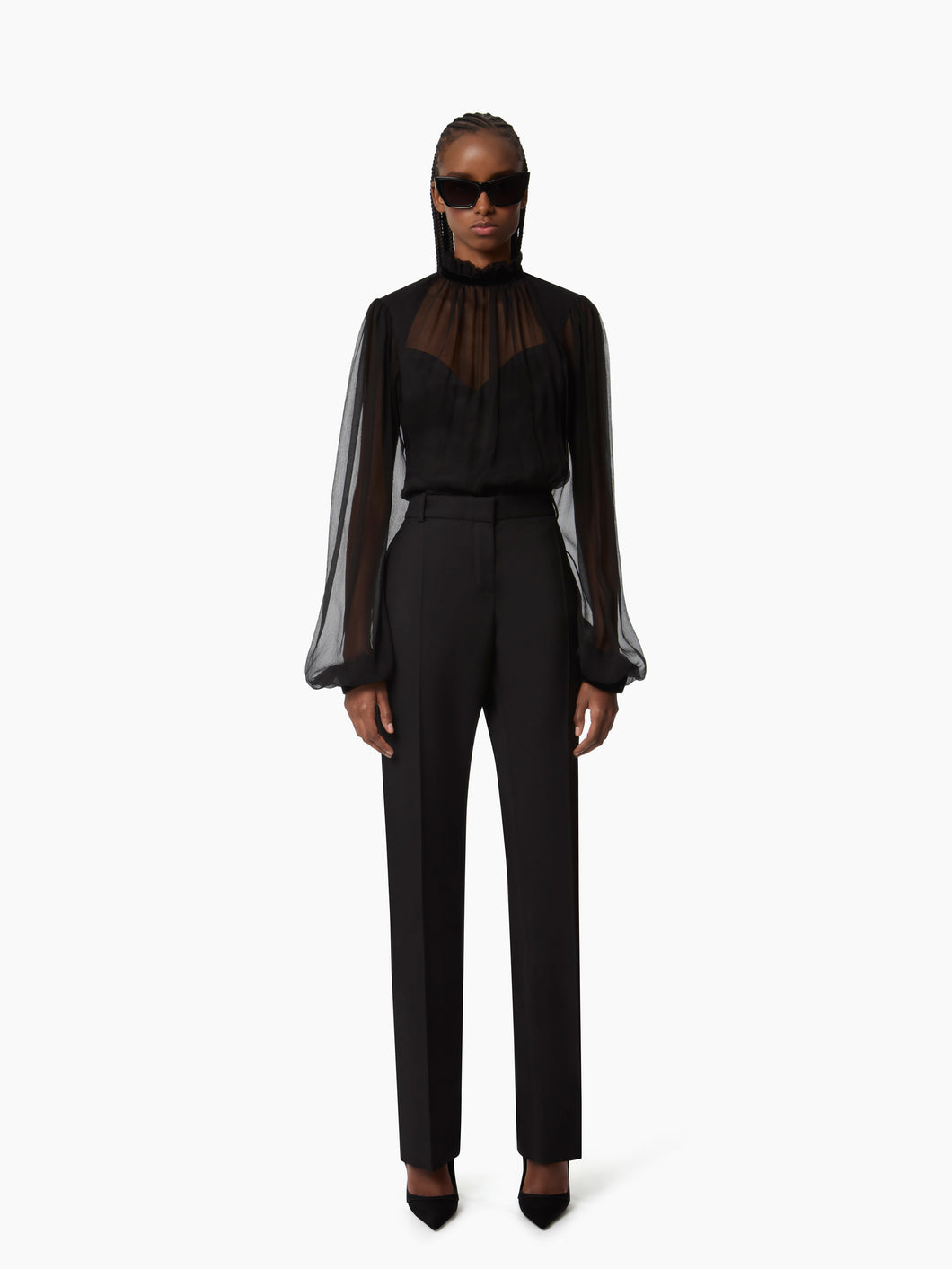 Ruffled Highneck Silk Blouse