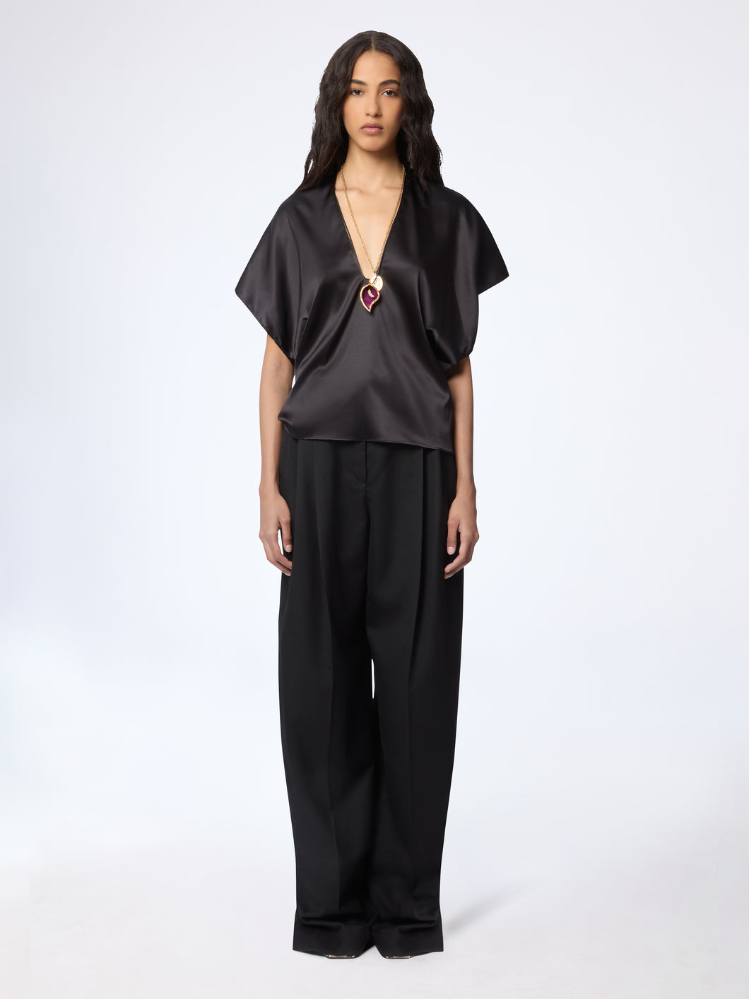 Black V-Neck Silk Satin Top