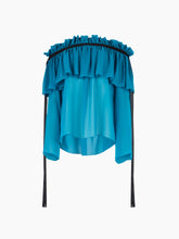 Charger l&#39;image dans la galerie, Blue Boat Neck Silk Top With Bow Details
