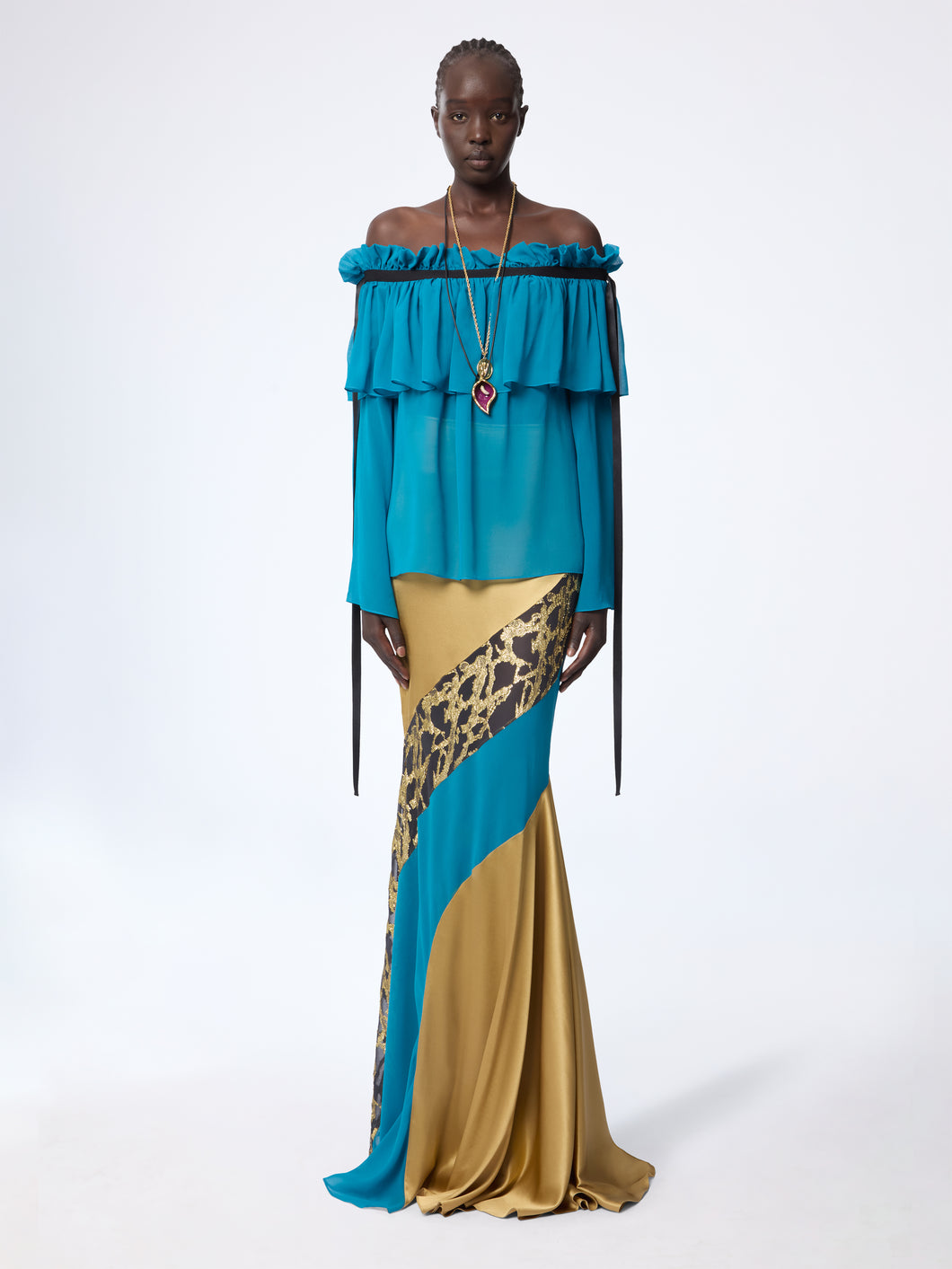 Blue Boat Neck Silk Top With Bow Details