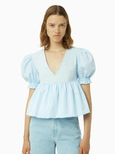 Load image into Gallery viewer, Babydoll top with ruched sleeves in light blue - Nina Ricci
