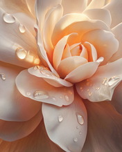 Load image into Gallery viewer, A close-up of a pale peach and cream flower with glistening water droplets on its petals, photographed in soft warm light.
