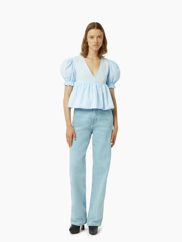 Babydoll top with ruched sleeves in light blue - Nina Ricci